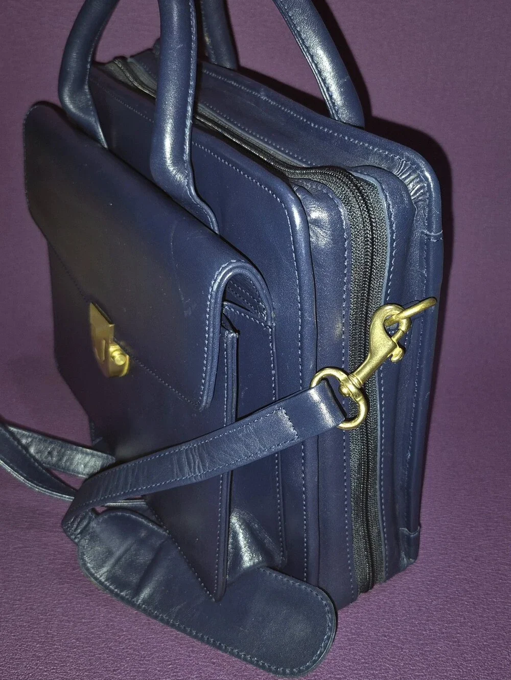 🔥VTG! Franklin Quest Full Grain Aniline Leather Classic Planner Navy Zip Bag